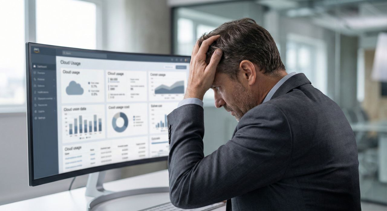 usiness executive in modern office looking confused at a computer screen displaying complex cloud billing dashboard with multiple graphs and numbers.